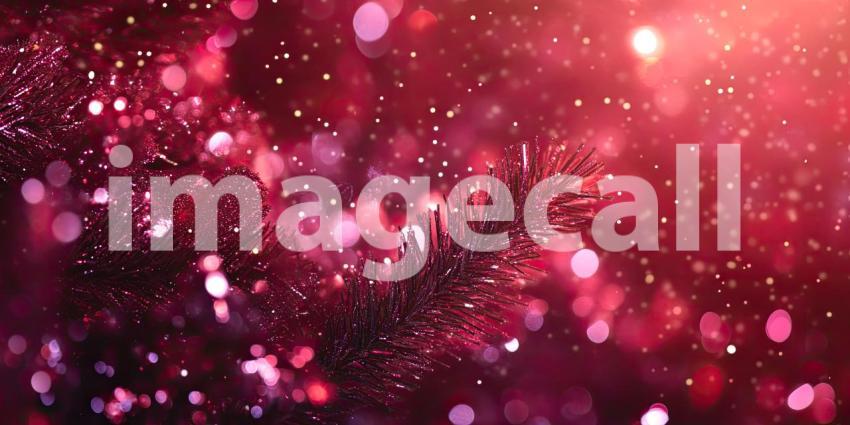 A sprig of pine, dusted with glitter, shimmers against a backdrop of warm red bokeh, evoking the magic and warmth of the holiday season