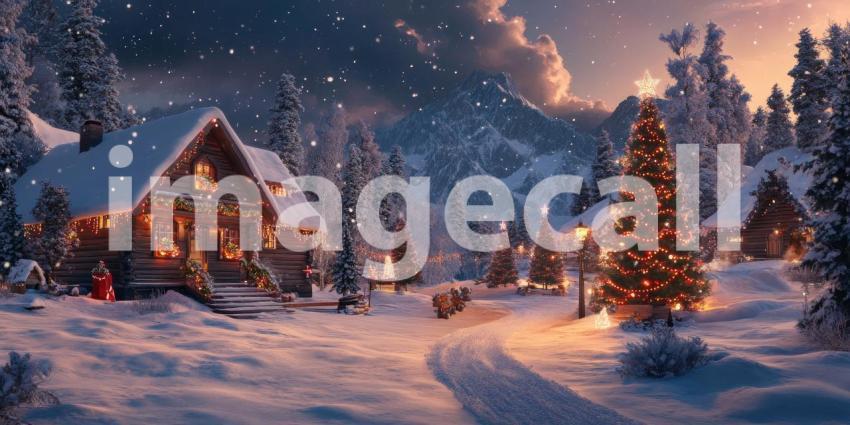 A cozy cabin, adorned with twinkling lights, sits nestled amidst a snow-covered forest, with a beautifully decorated Christmas tree adding a festive touch to the enchanting scene