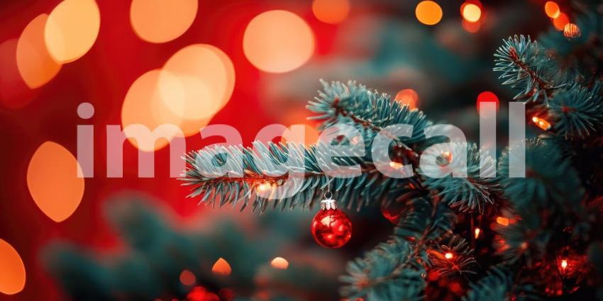 A sprig of pine, dusted with glitter, shimmers against a backdrop of warm red bokeh, evoking the magic and warmth of the holiday season