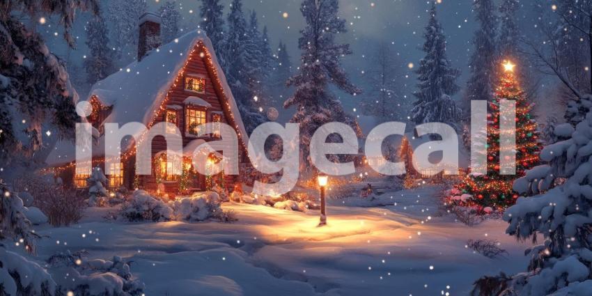 A cozy cabin, adorned with twinkling lights, sits nestled amidst a snow-covered forest, with a beautifully decorated Christmas tree adding a festive touch to the enchanting scene
