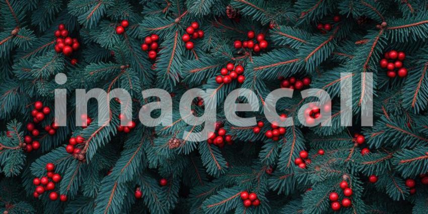 A vibrant arrangement of lush green foliage adorned with clusters of bright red berries, creating a festive and inviting winter scene