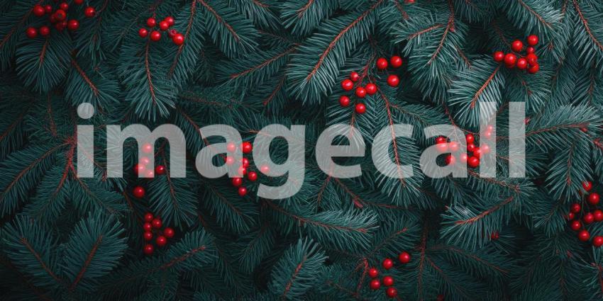 A vibrant arrangement of lush green foliage adorned with clusters of bright red berries, creating a festive and inviting winter scene