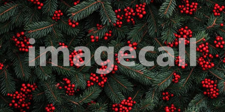 A vibrant arrangement of lush green foliage adorned with clusters of bright red berries, creating a festive and inviting winter scene