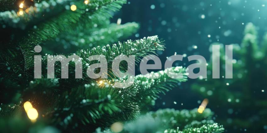 A close-up of a snow-dusted Christmas tree, illuminated by warm fairy lights, capturing the magic and wonder of the holiday season