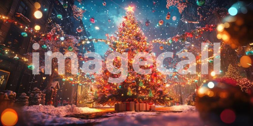 A close-up of a snow-dusted Christmas tree, illuminated by warm fairy lights, capturing the magic and wonder of the holiday season