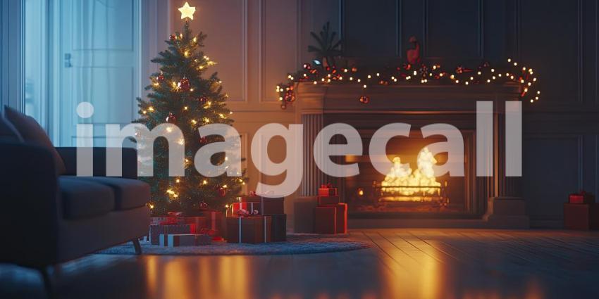 A beautifully decorated Christmas tree gleams with festive lights, casting a warm glow over a living room where a crackling fire burns in the hearth, creating a scene of holiday cheer and anticipation