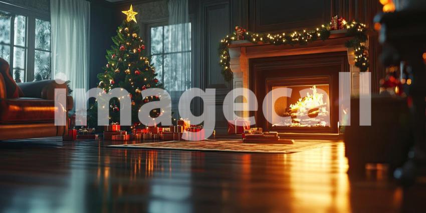 A beautifully decorated Christmas tree gleams with festive lights, casting a warm glow over a living room where a crackling fire burns in the hearth, creating a scene of holiday cheer and anticipation