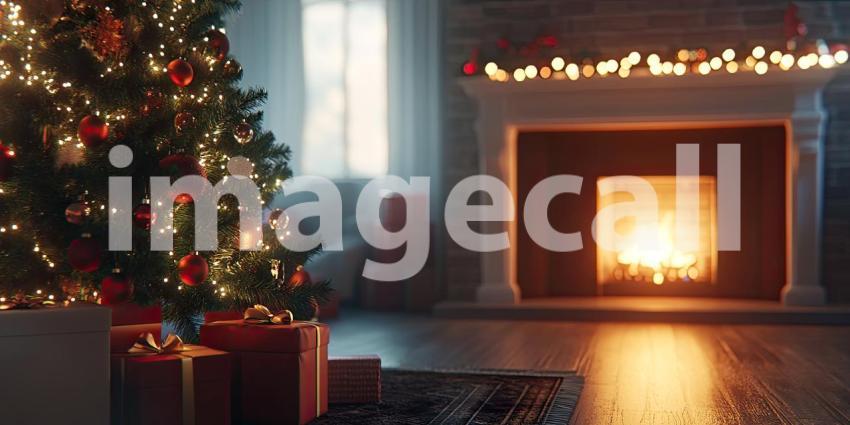 A beautifully decorated Christmas tree gleams with festive lights, casting a warm glow over a living room where a crackling fire burns in the hearth, creating a scene of holiday cheer and anticipation