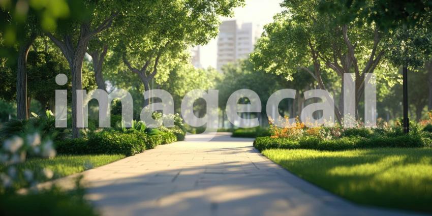 A lush green park stretches out amidst a towering cityscape, offering a tranquil escape from the hustle and bustle of city life