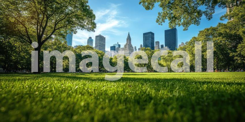 A lush green park stretches out amidst a towering cityscape, offering a tranquil escape from the hustle and bustle of city life