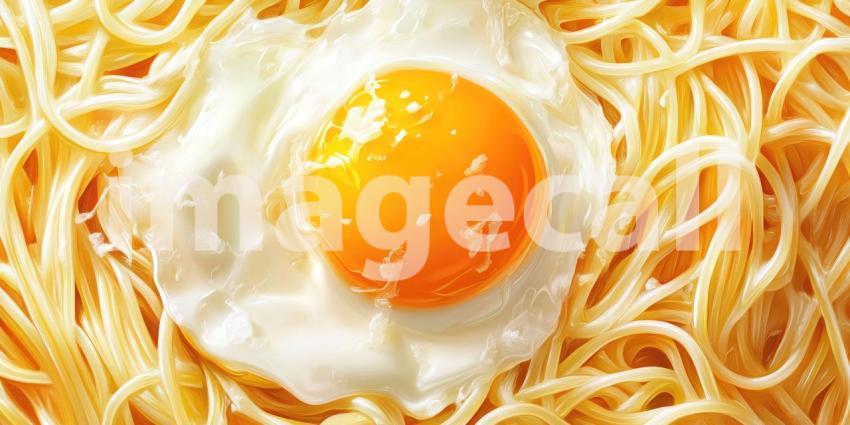 A perfectly fried egg rests atop a bed of golden spaghetti, creating a visually appealing and unexpected culinary masterpiece