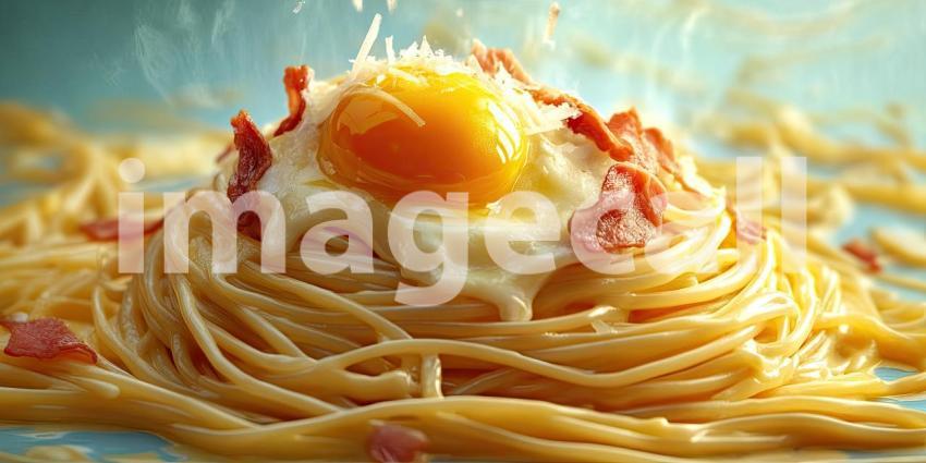 A perfectly fried egg rests atop a bed of golden spaghetti, creating a visually appealing and unexpected culinary masterpiece