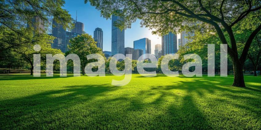 A lush green park stretches out amidst a towering cityscape, offering a tranquil escape from the hustle and bustle of city life