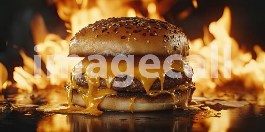 A mouthwatering cheeseburger, dripping with melted cheese, sizzles against a backdrop of fiery flames, promising a taste of pure indulgence