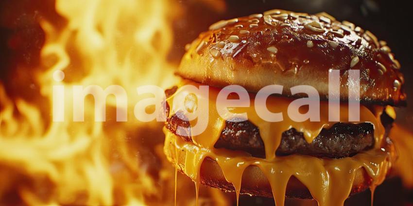 A mouthwatering cheeseburger, dripping with melted cheese, sizzles against a backdrop of fiery flames, promising a taste of pure indulgence