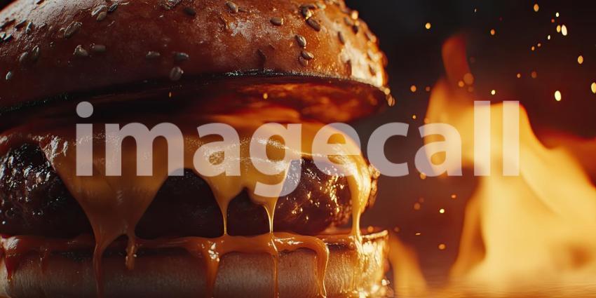 A mouthwatering cheeseburger, dripping with melted cheese, sizzles against a backdrop of fiery flames, promising a taste of pure indulgence