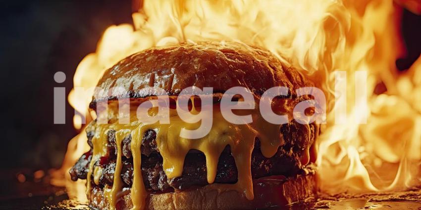 A mouthwatering cheeseburger, dripping with melted cheese, sizzles against a backdrop of fiery flames, promising a taste of pure indulgence