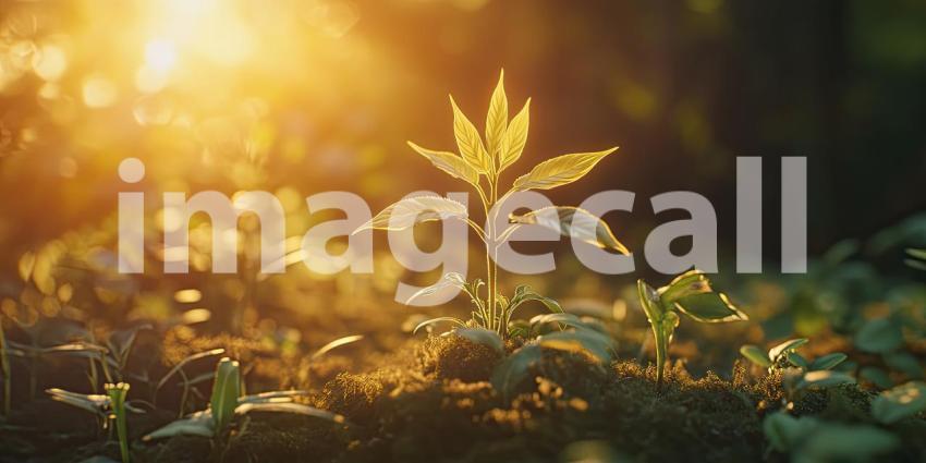 A Sun-Kissed Sprout Reaching for the Light, Bathed in the Golden Rays of a Setting Sun
