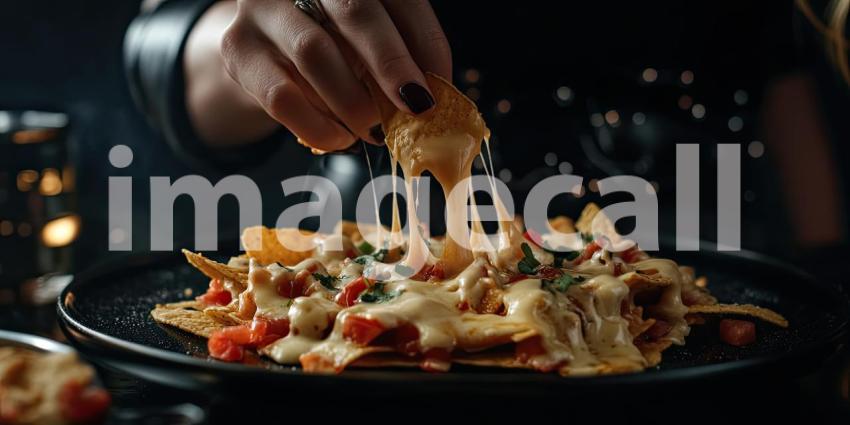 A Cheesy, Decadent Indulgence: Homemade Nachos oozing with Melted Cheese and Topped with Fresh Cilantro