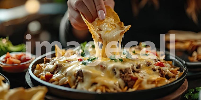 A Cheesy, Decadent Indulgence: Homemade Nachos oozing with Melted Cheese and Topped with Fresh Cilantro