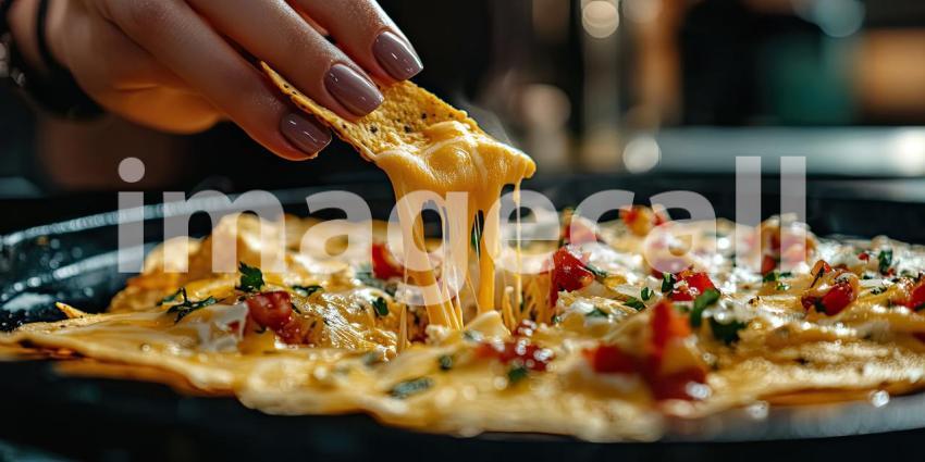 A Cheesy, Decadent Indulgence: Homemade Nachos oozing with Melted Cheese and Topped with Fresh Cilantro