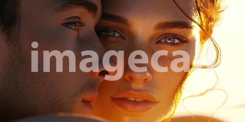 Romantic Couple Embracing in a Field of Wildflowers at Sunset with Warm Golden Light and Bokeh Background