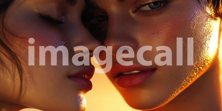 Romantic Couple Embracing in a Field of Wildflowers at Sunset with Warm Golden Light and Bokeh Background