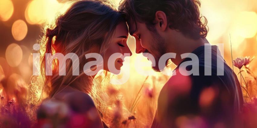 Romantic Couple Embracing in a Field of Wildflowers at Sunset with Warm Golden Light and Bokeh Background