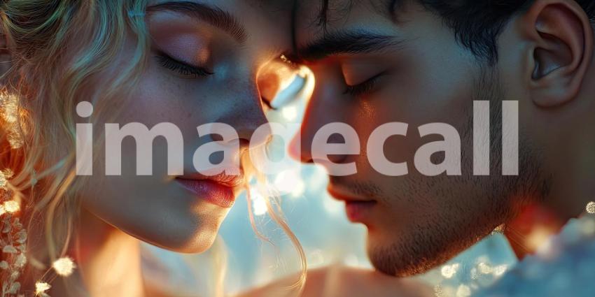 Romantic Couple Embracing in a Field of Wildflowers at Sunset with Warm Golden Light and Bokeh Background