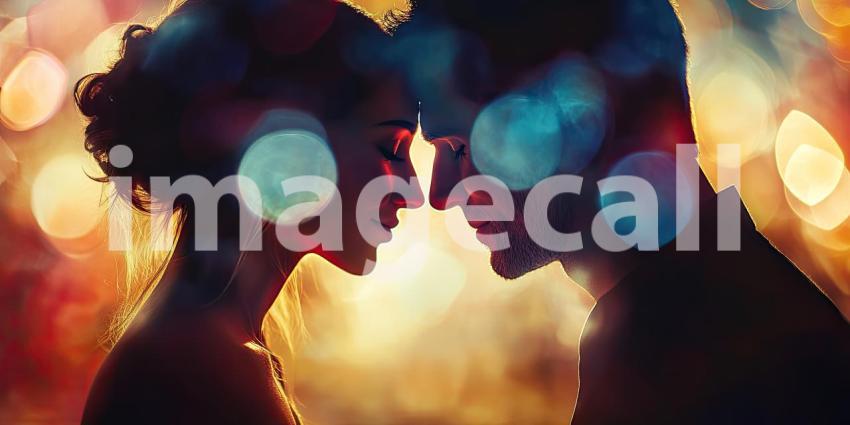 Romantic Couple Embracing in a Field of Wildflowers at Sunset with Warm Golden Light and Bokeh Background