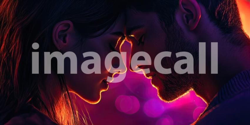 Romantic Couple Embracing in a Field of Wildflowers at Sunset with Warm Golden Light and Bokeh Background