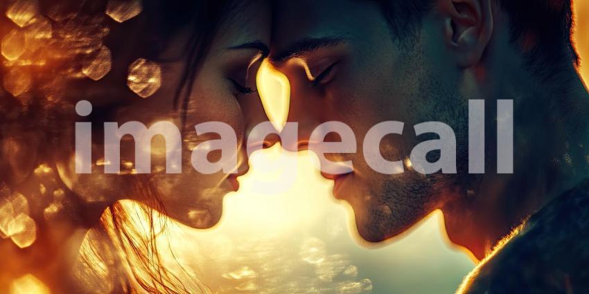 Romantic Couple Embracing in a Field of Wildflowers at Sunset with Warm Golden Light and Bokeh Background