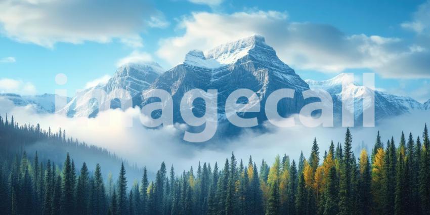 A Majestic Mountain Peak Soars Above a Sea of Clouds, Its Summit Clad in a Mantle of Snow