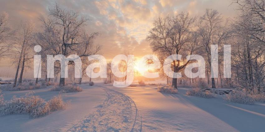 A Path Through a Winter Wonderland, Where Sunlight Filters Through Bare Branches and Snow-Dusted Trees