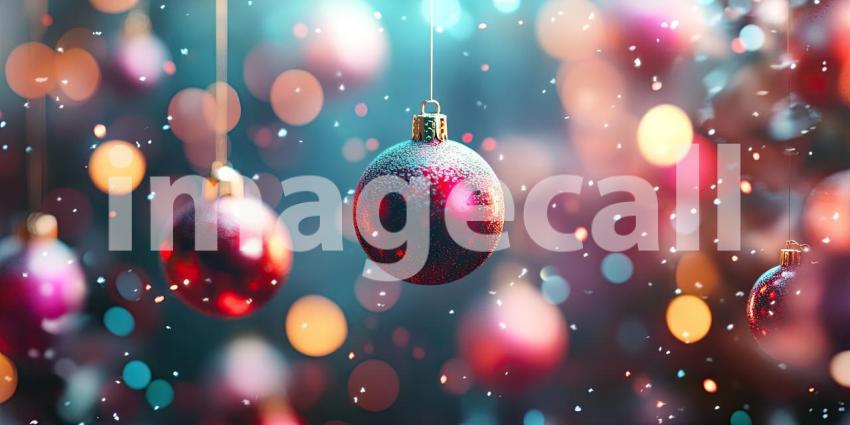 A Festive Symphony of Red and Gold: Christmas Ornaments Gleam Against a Backdrop of Sparkling Lights