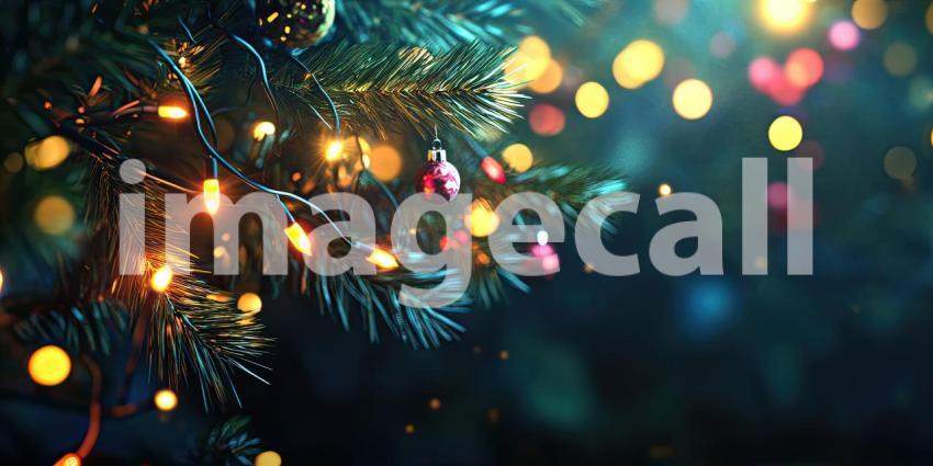 A Festive Symphony of Red and Gold: Christmas Ornaments Gleam Against a Backdrop of Sparkling Lights