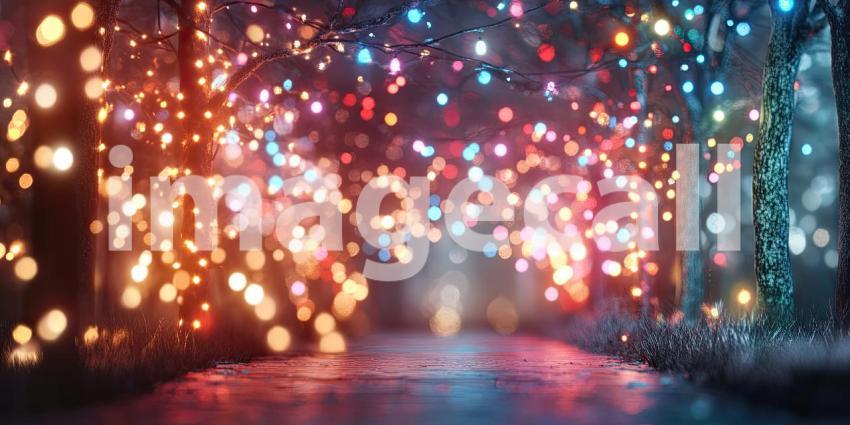 A Festive Symphony of Red and Gold: Christmas Ornaments Gleam Against a Backdrop of Sparkling Lights