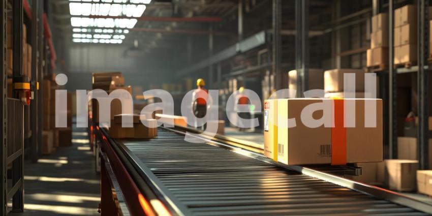 A Cardboard Odyssey: A Package Travels Along a Conveyor Belt in a Modern Warehouse