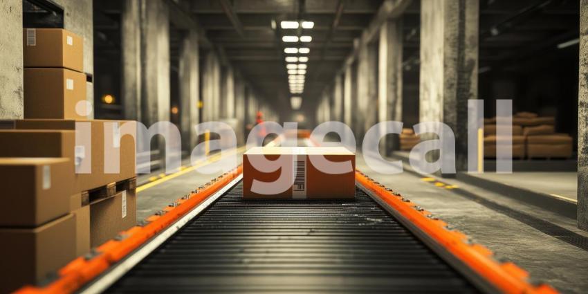 A Cardboard Odyssey: A Package Travels Along a Conveyor Belt in a Modern Warehouse
