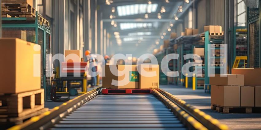 A Cardboard Odyssey: A Package Travels Along a Conveyor Belt in a Modern Warehouse