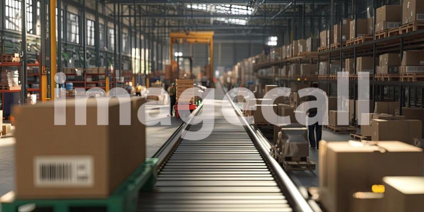 A Cardboard Odyssey: A Package Travels Along a Conveyor Belt in a Modern Warehouse