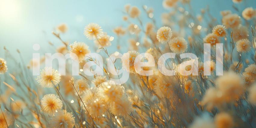 A Sun-Kissed Meadow: A Field of Delicate Yellow Flowers Basking in the Warm Glow of Sunset