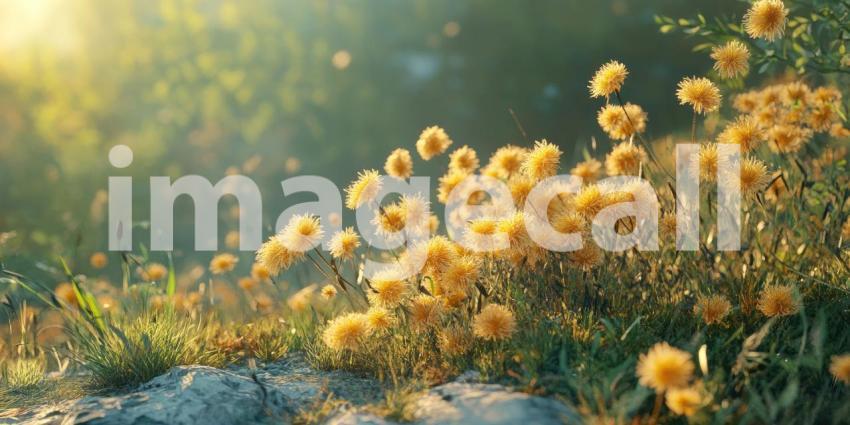 A Sun-Kissed Meadow: A Field of Delicate Yellow Flowers Basking in the Warm Glow of Sunset