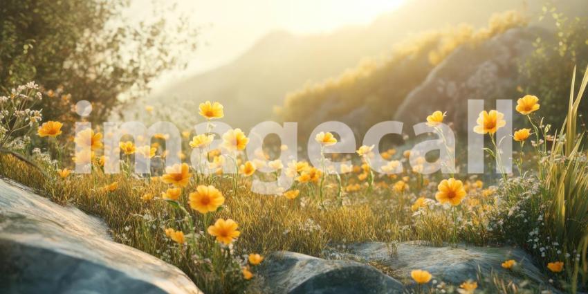A Sun-Kissed Meadow: A Field of Delicate Yellow Flowers Basking in the Warm Glow of Sunset