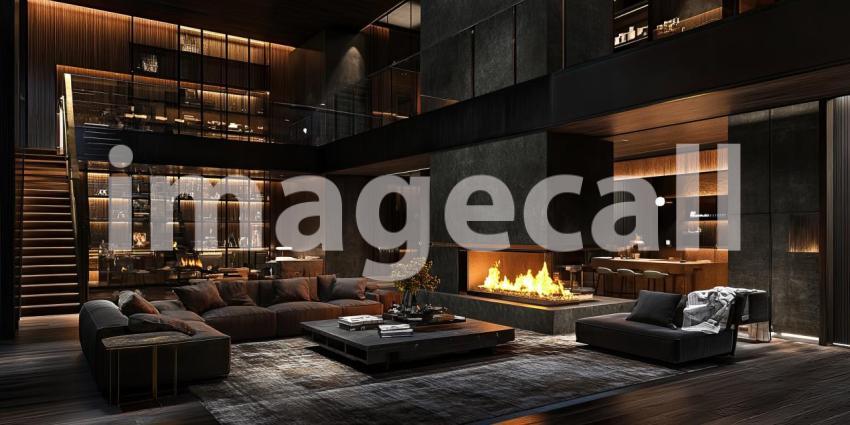 A Luxurious Retreat: A Modern Living Room with a Grand Fireplace and Opulent Furnishings