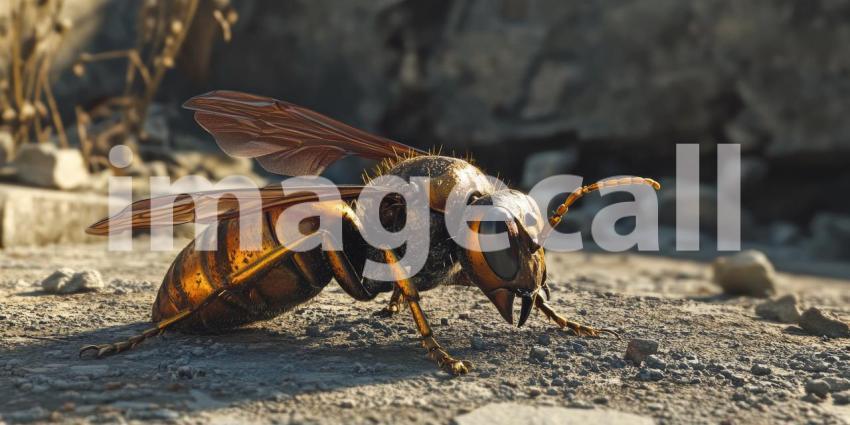 A Close Encounter: A Golden Hornet Forages for Food on a Sunny Day