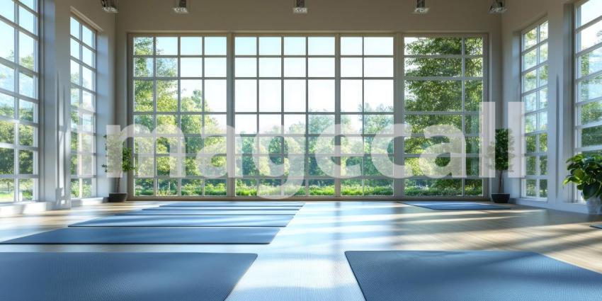 A Tranquil Haven: A Yoga Studio Bathed in Sunlight with Floor-to-Ceiling Windows Overlooking a Lush Green Landscape