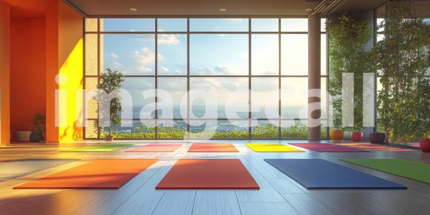 A Tranquil Haven: A Yoga Studio Bathed in Sunlight with Floor-to-Ceiling Windows Overlooking a Lush Green Landscape