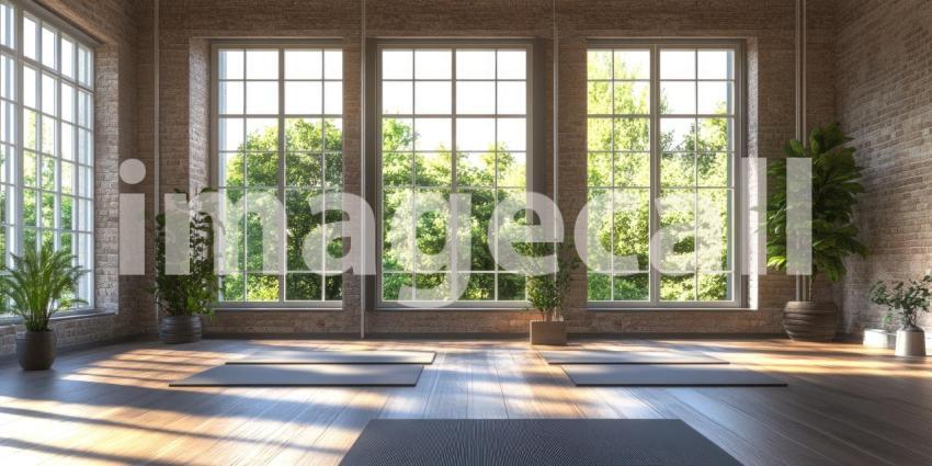 A Tranquil Haven: A Yoga Studio Bathed in Sunlight with Floor-to-Ceiling Windows Overlooking a Lush Green Landscape