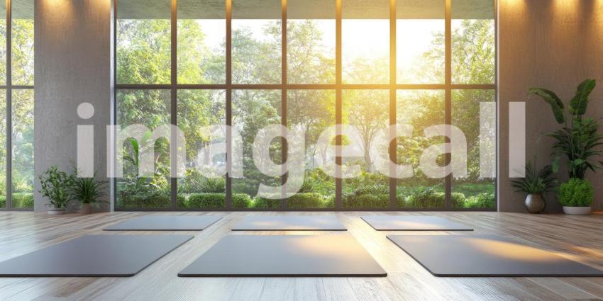 A Tranquil Haven: A Yoga Studio Bathed in Sunlight with Floor-to-Ceiling Windows Overlooking a Lush Green Landscape